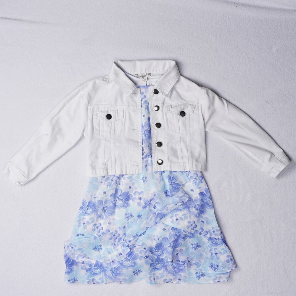 Knitworks Girls Blue Floral Halter Dress & White Denim Jacket Set Sz 6